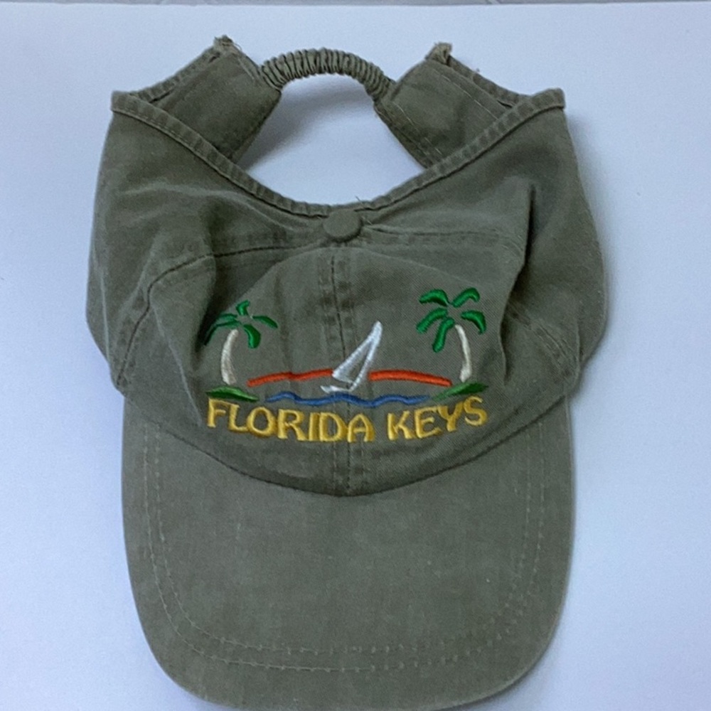 Florida Keys Embroidered Sailboat Palm Trees Ocean Ponytail Visor Khaki Cap